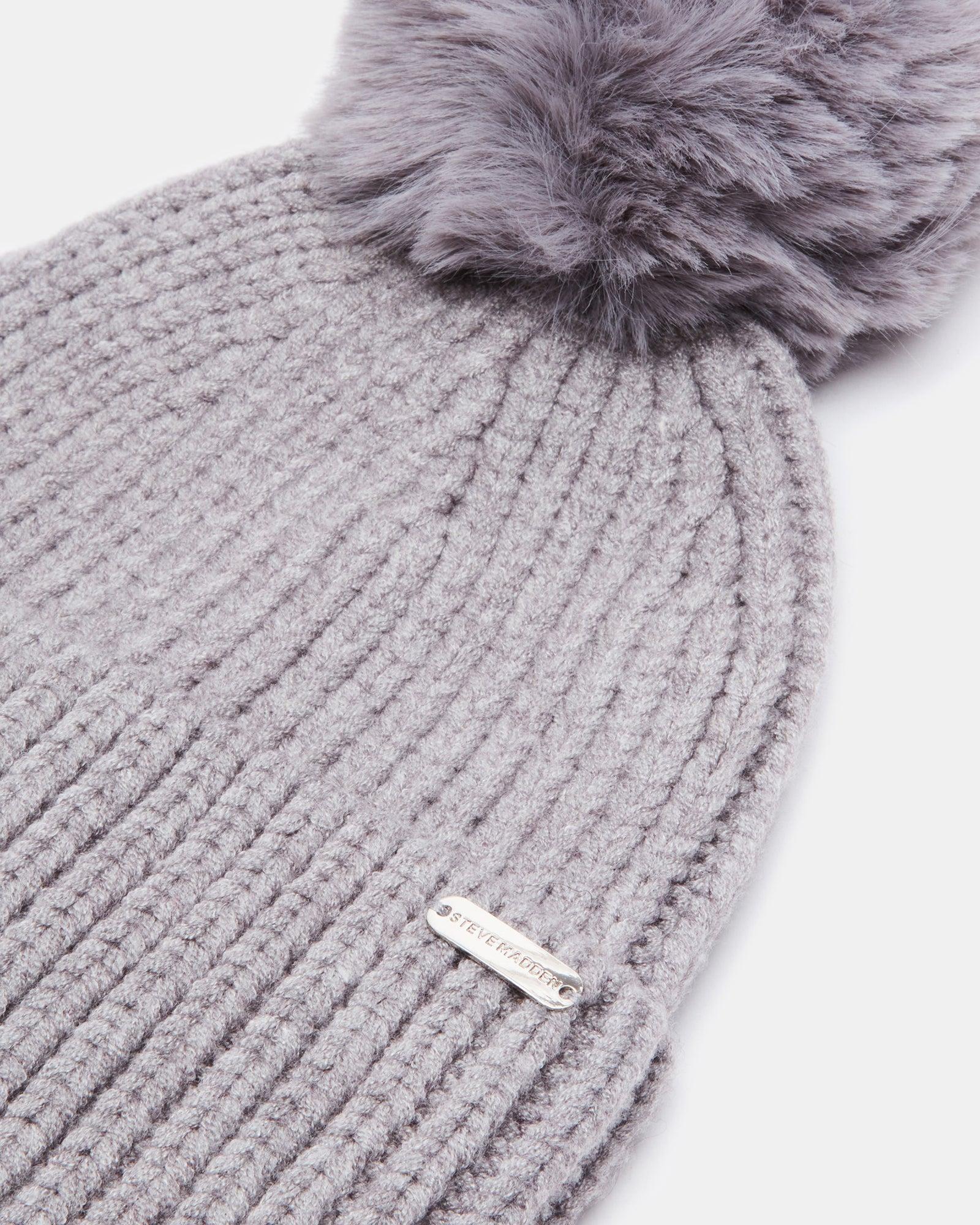 WIDE CUFF FAUX FUR POM BEANIE GREY Female Product Image