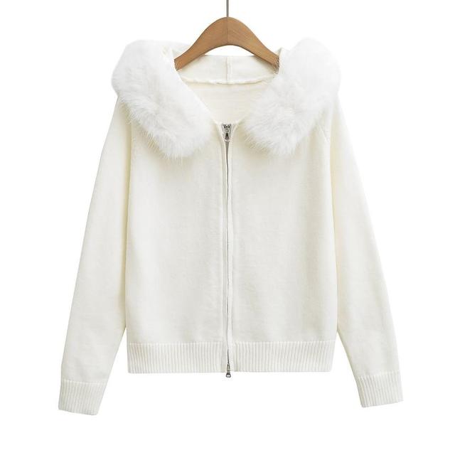 Hood Fluffy Trim Zip Cardigan Product Image