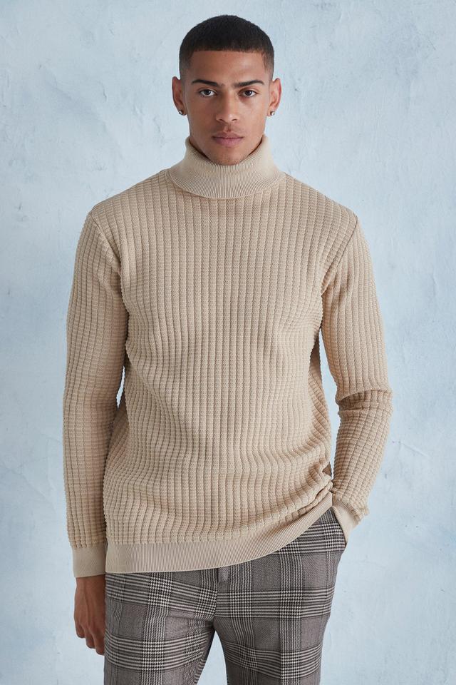 Mens Beige Smart Popcorn Texture Roll Neck Jumper, Beige Product Image