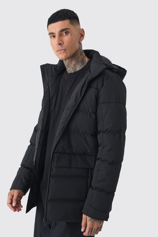 Tall Mid Length Hooded Puffer Jacket In Black | boohooMAN USA Product Image