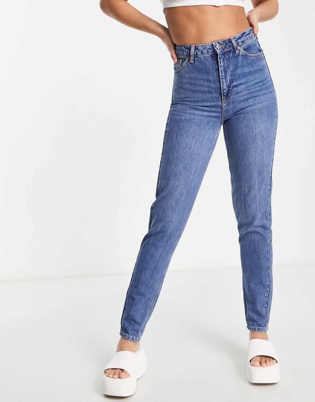 Topshop Tall Original high rise Mom jeans in mid blue Product Image