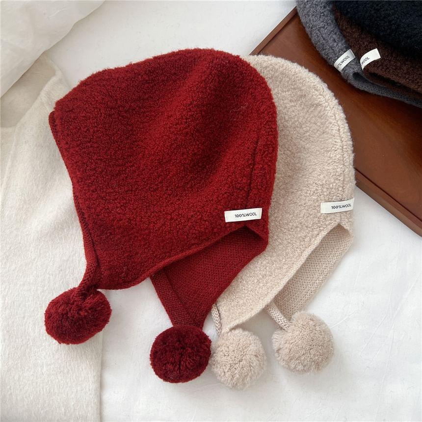 Plain Applique Pom Pom Knit Bonnet Hat  Product Image