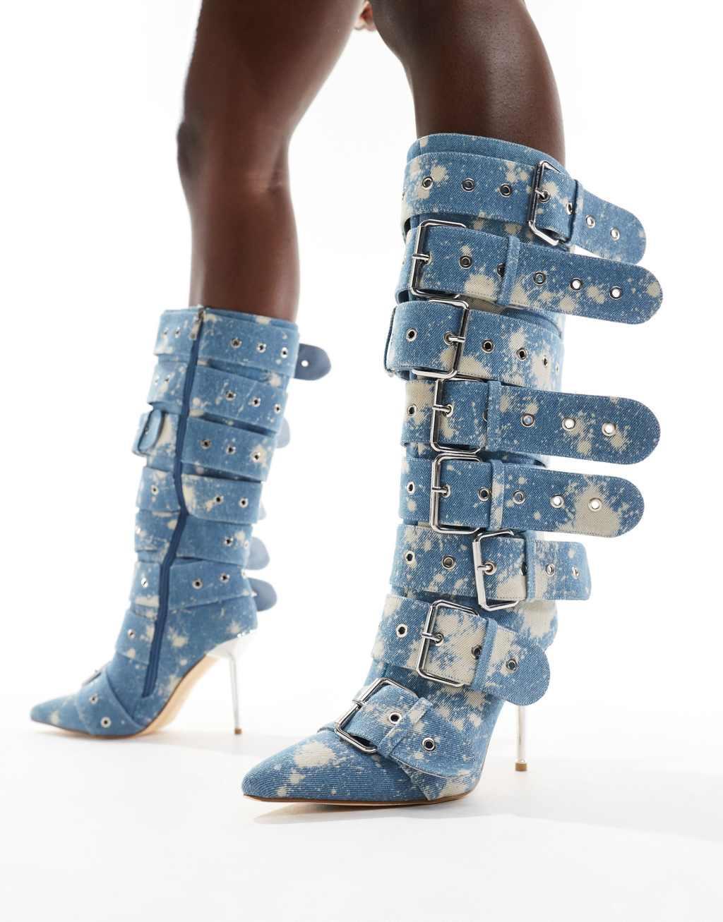 Azalea Wang Sedna buckle knee boots in denim product image