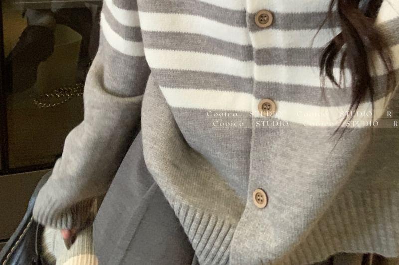 Bear-Embroidered Striped Crew-Neck Cardigan Product Image