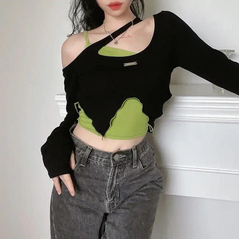 Set: Long Sleeve Cold Shoulder Contrast Stitch Crop Top + Plain Camisole Top Product Image