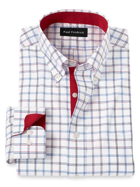 Non-Iron Cotton Check Dress Shirt With Contrast Trim - Blue/red Product Image