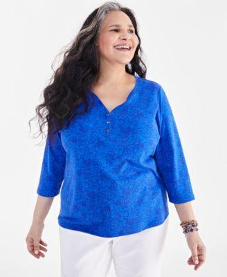 Plus Size Printed Cotton Henley Top, Created for Macy's  Product Image