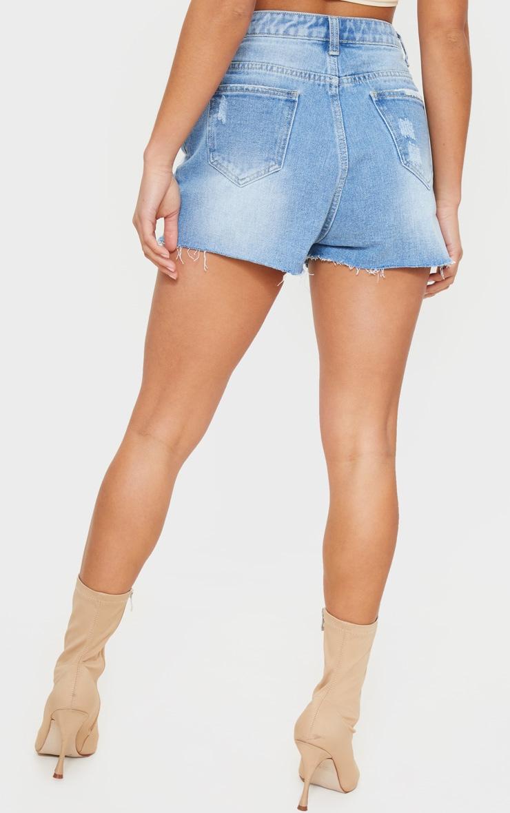 PRETTYLITTLETHING Petite Light Blue Wash Ripped Denim Mom Shorts Product Image