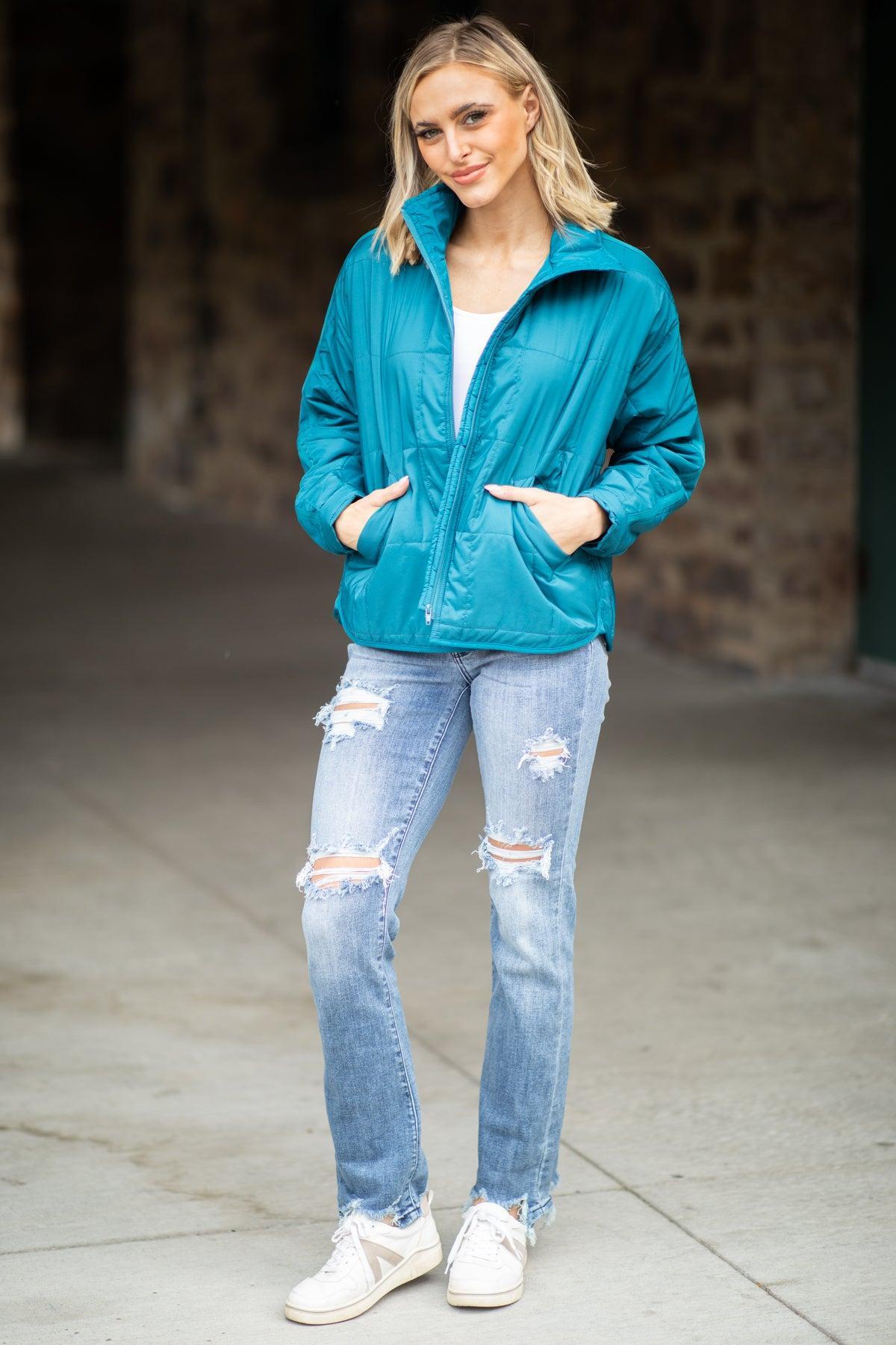 Teal Quilted Funnel Neck Jacket Product Image