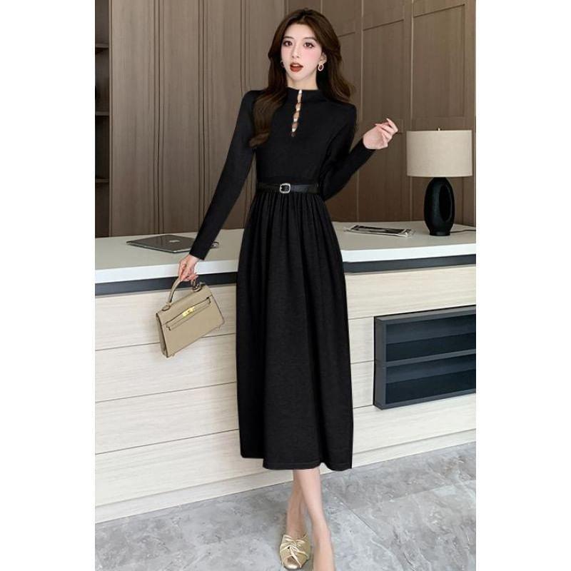 Long-Sleeve Mock Neck Cutout Plain Midi A-Line Dress Product Image