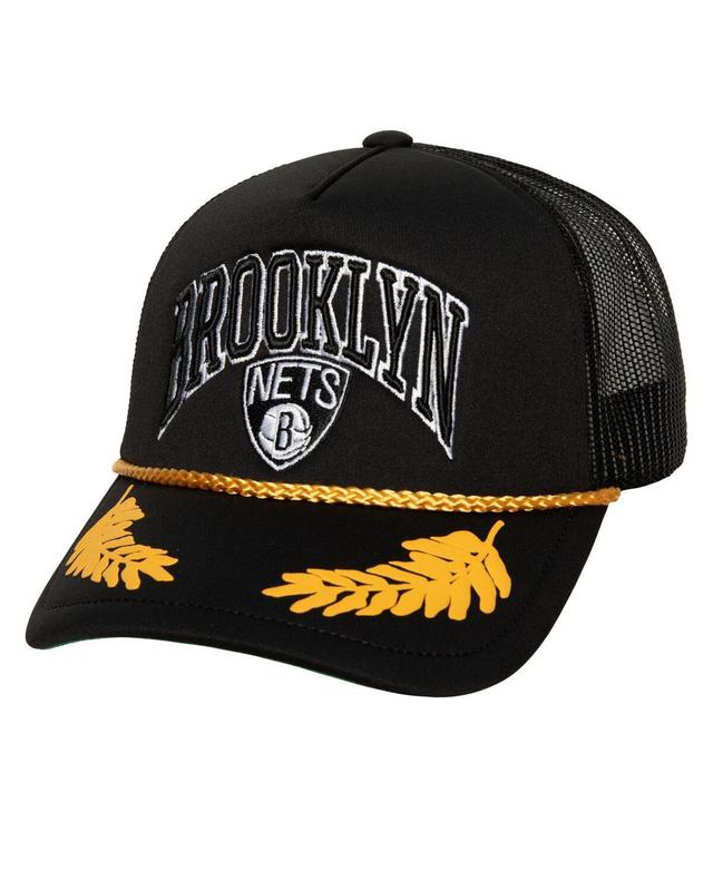 Mens Mitchell & Ness Black Brooklyn Nets Hardwood Classics Gold Leaf Mesh Trucker Snapback Hat Product Image