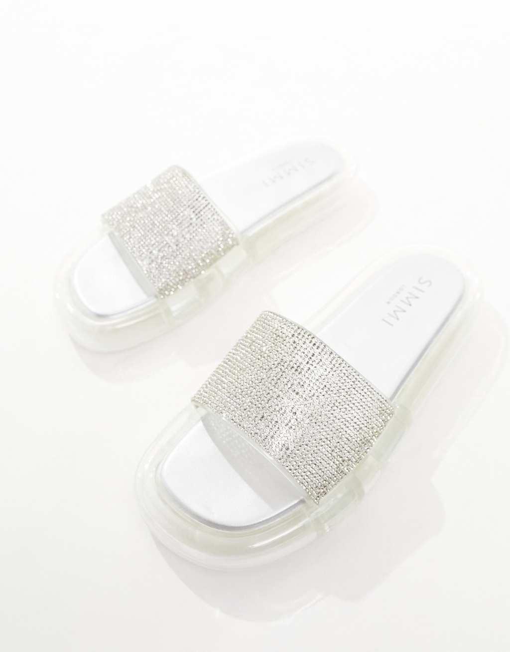 Simmi London Fan flat sandal with embellished upper in silver Product Image