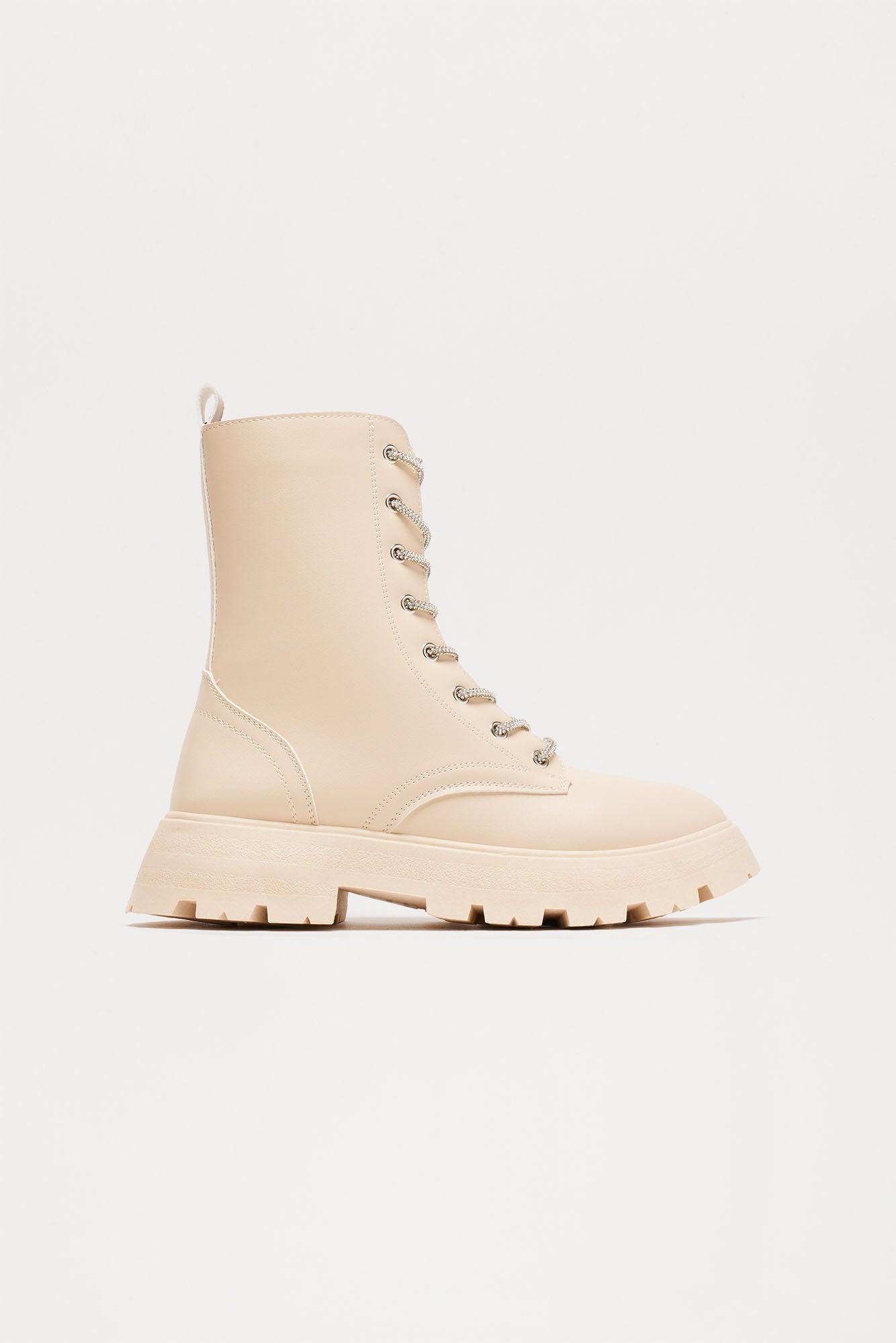 Lanter Rhinestone Combat Boots - Cream Product Image