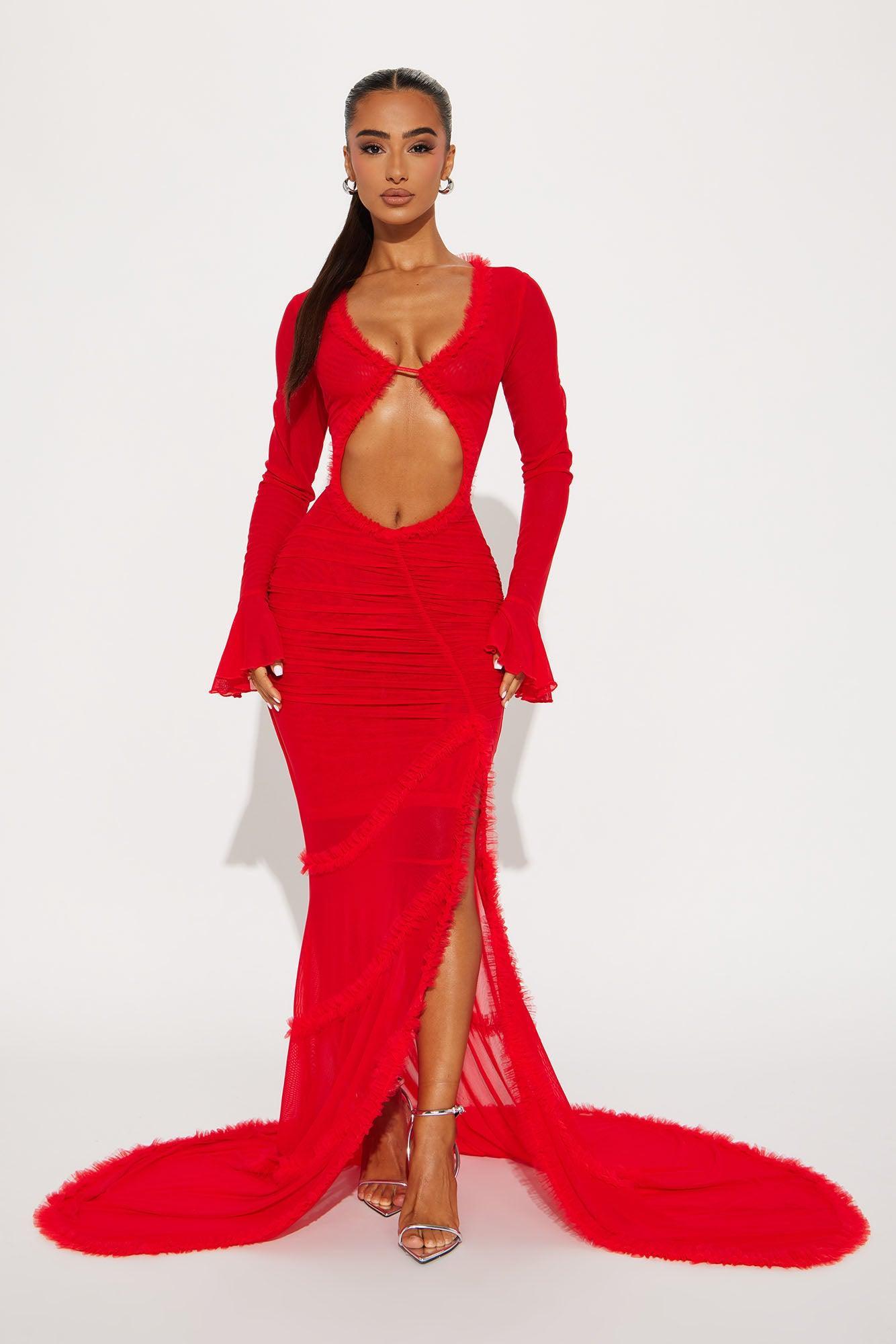 Kianna Long Sleeve Mesh Maxi Dress - Red Product Image