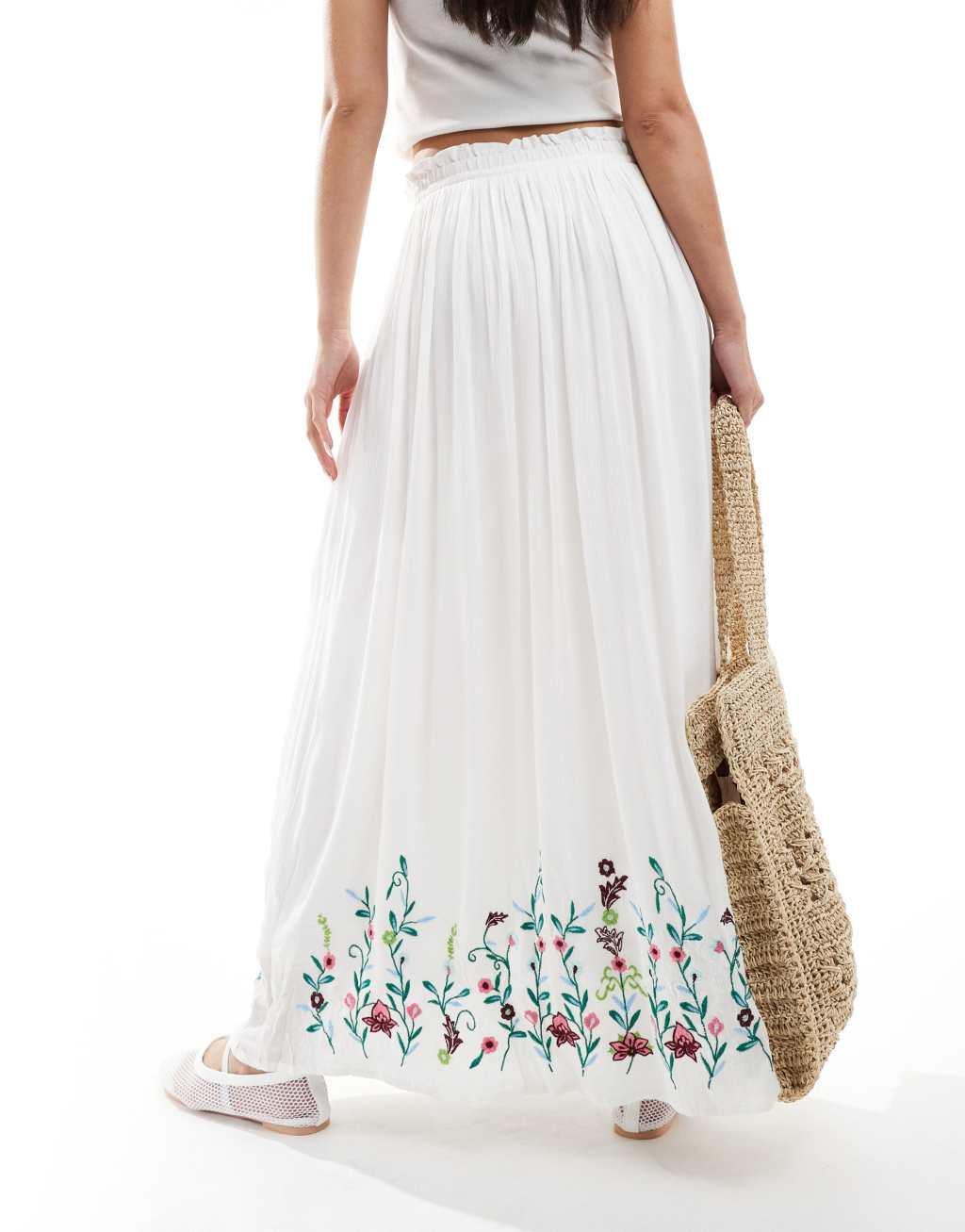 YAS Festival embroidered maxi boho skirt with tie waist in white Product Image