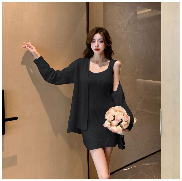 Set: Sleeveless Ribbed Mini Sheath Knit Dress + V-Neck Cardigan Product Image