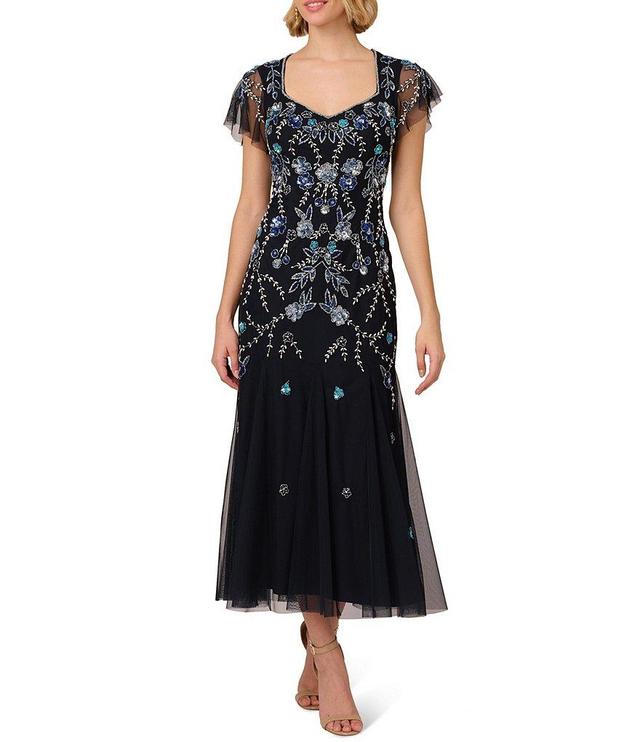 Adrianna Papell Beaded Mesh Sweetheart Neck Flutter Sleeve Dress Product Image