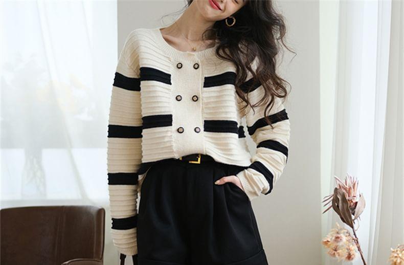 Crew Neck Striped Double-Breasted Crop Cardigan Product Image