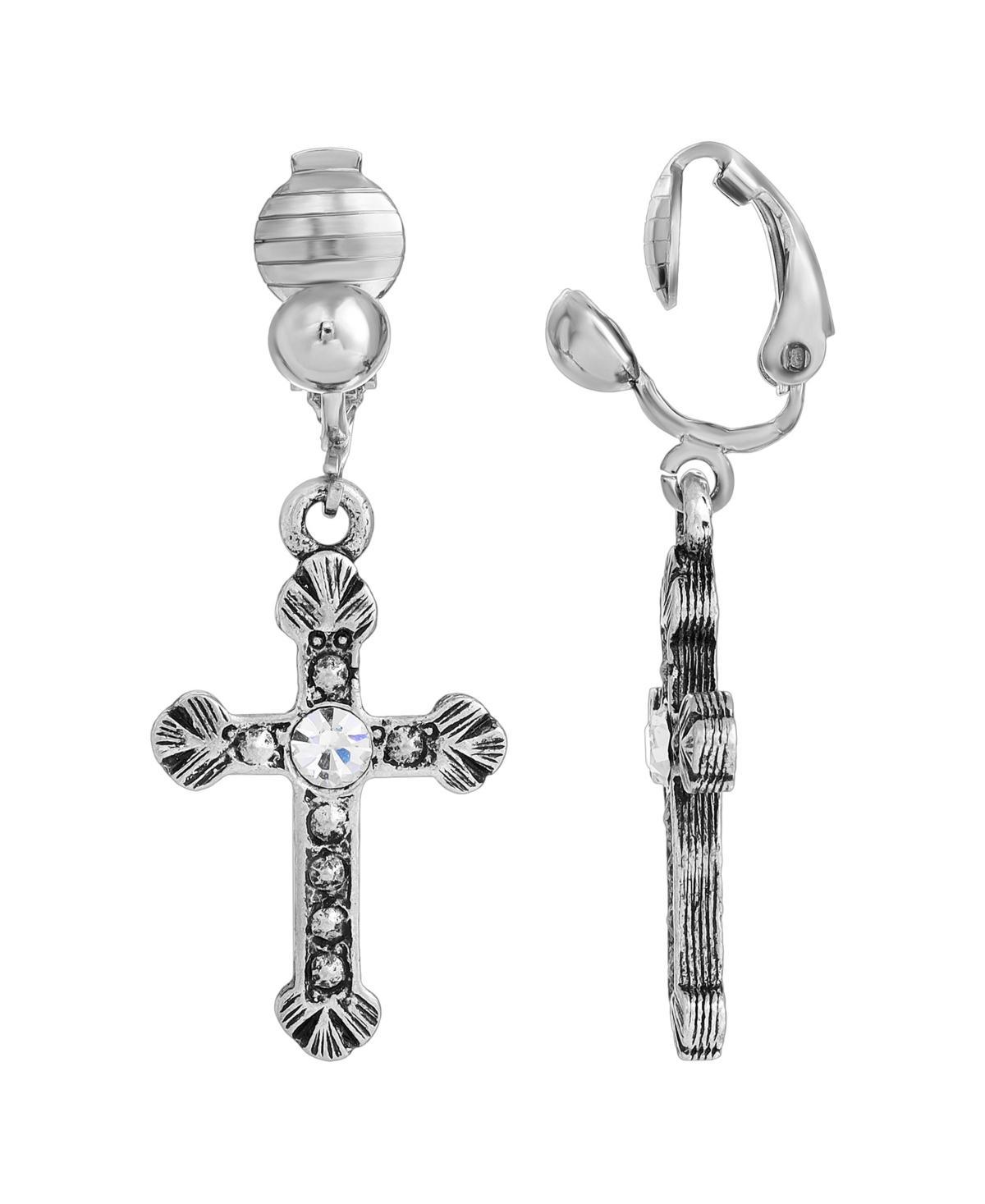 1928 Crystal Accent Cross Clip On Earrings, Womens, Silver Product Image