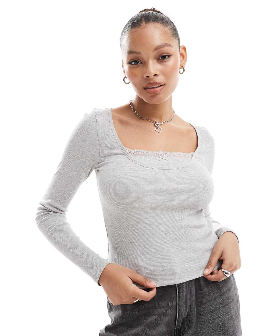 ASOS DESIGN double layer long sleeve top with lace and bow detail in heather gray Product Image