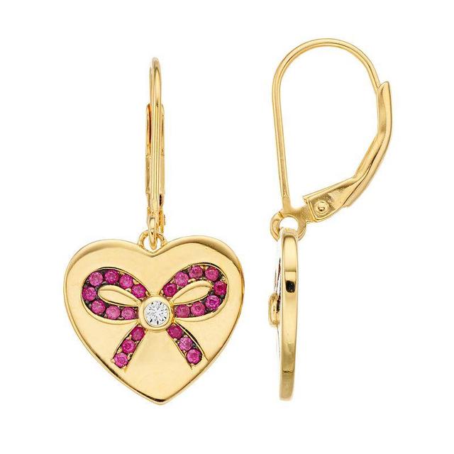 18k Gold Plated Pink & Clear Cubic Zirconia Bow Heart Earrings, Womens, Gold Tone Product Image