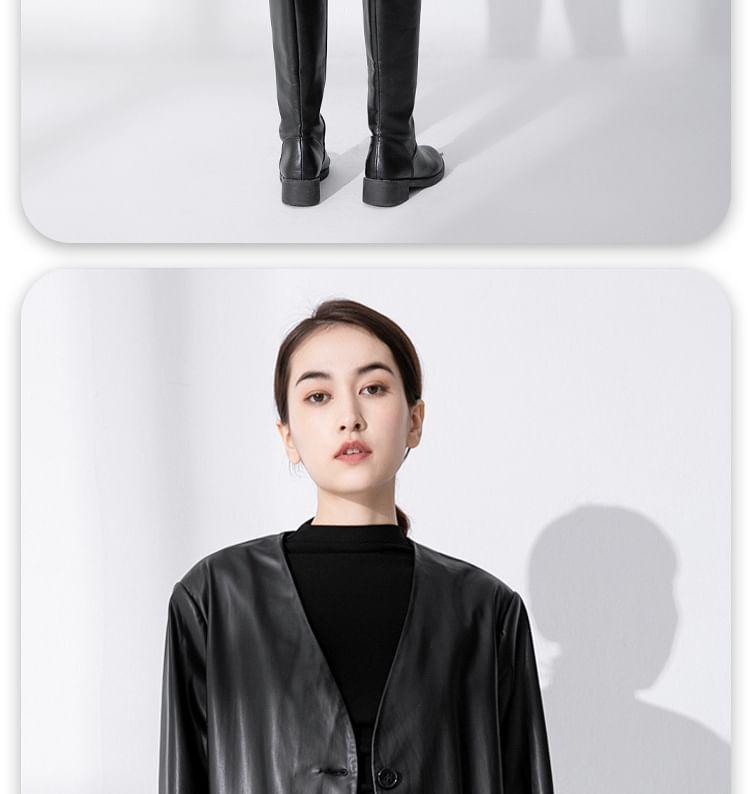 V-Neck Plain Button-Up Faux Leather Jacket Product Image