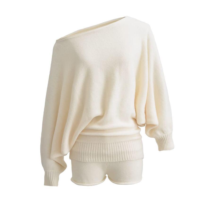 Set: Cold-Shoulder Puff-Sleeve Plain Sweater + High Waist Shorts Product Image