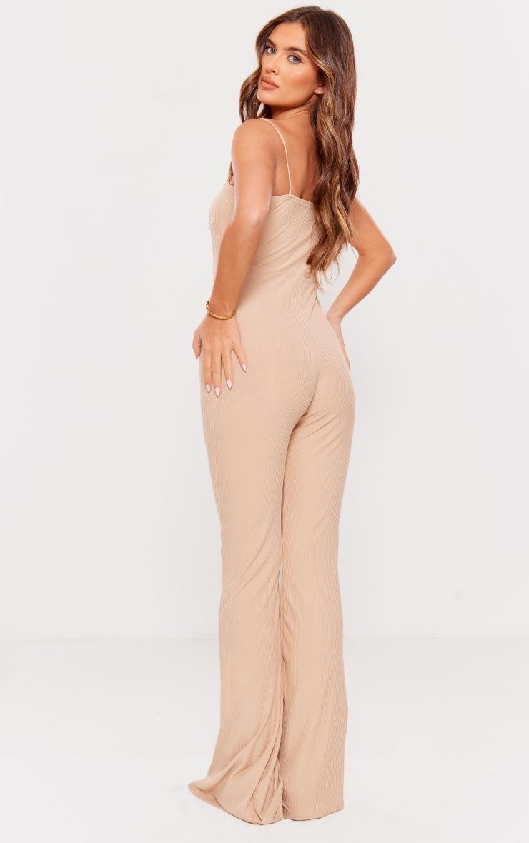 Stone Ribbed Strappy Flared Split Leg Jumpsuit Product Image