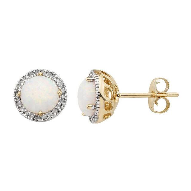 Lab-Created Opal 10K Gold and 1/8 Carat T.W. Diamond Round-Cut Halo Stud Earrings, Womens, Yellow Product Image