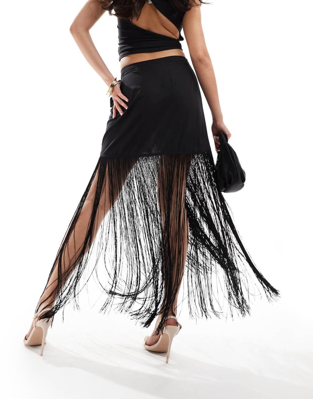 ASOS DESIGN satin wrap fringe maxi skirt in black Product Image