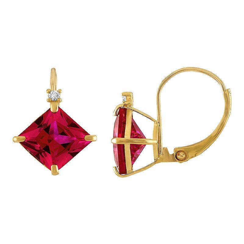 Tiara 10k Gold Lab-Created Ruby & Diamond Accent Leverback Earrings, Womens, Yellow Product Image