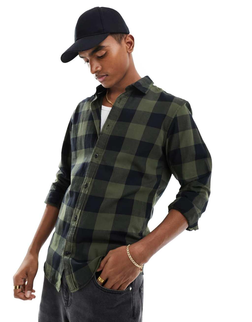 Jack & Jones Essentials buffalo plaid shirt in khaki & black Product Image