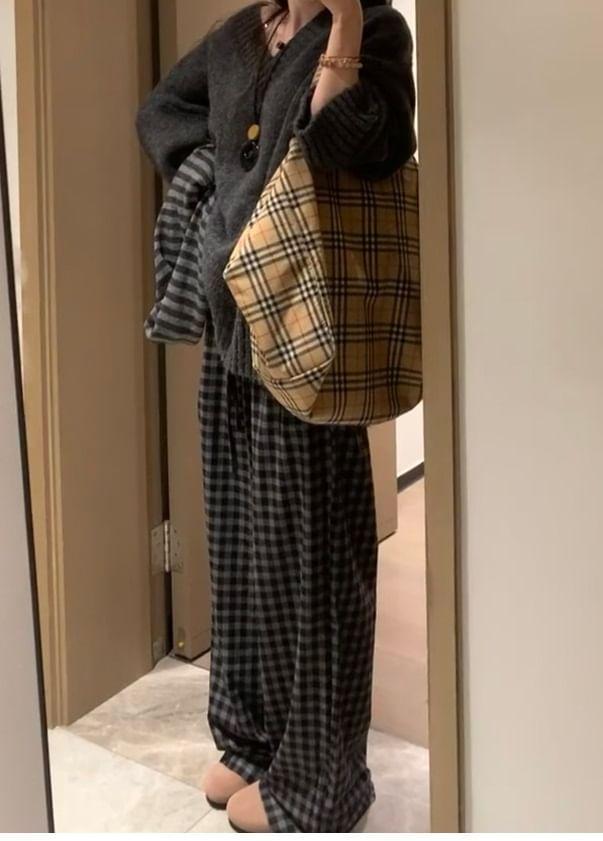 High Rise Plaid Wide Leg Pants Product Image