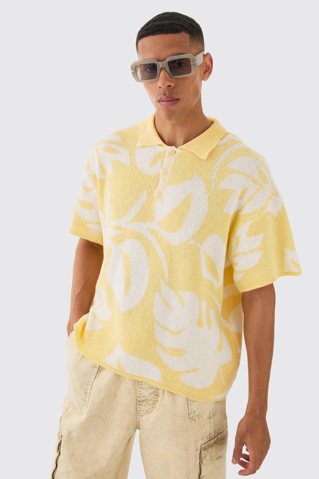 Oversized Boxy Tonal Jacquard Floral Knit Polo | boohooMAN USA Product Image