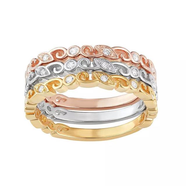 Tri-Tone Sterling Silver Cubic Zirconia Scroll Stack Ring Set, Womens White Product Image