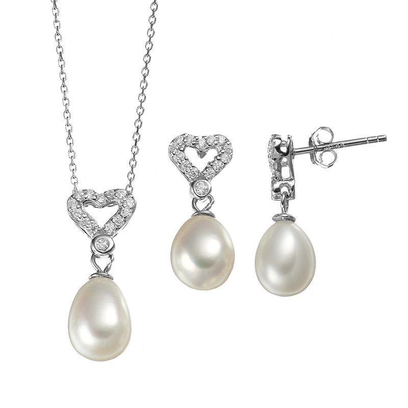 Freshwater Cultured Pearl & Cubic Zirconia Sterling Silver Heart Pendant Necklace & Drop Earring Set, Womens White Product Image