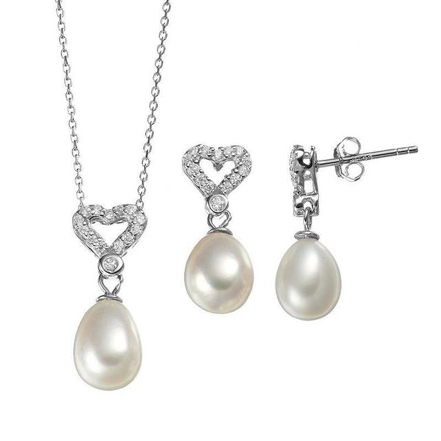 Freshwater Cultured Pearl & Cubic Zirconia Sterling Silver Heart Pendant Necklace & Drop Earring Set, Womens White Product Image