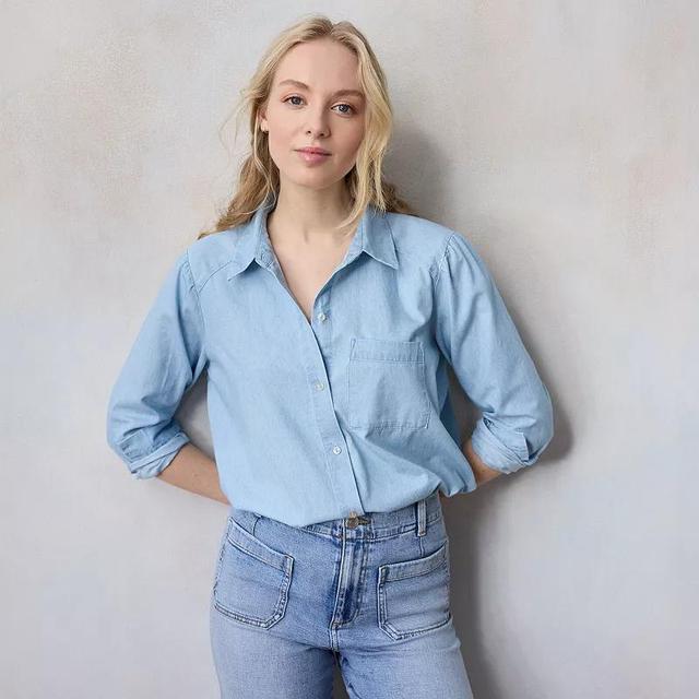 Petite LC Lauren Conrad Relaxed Shirt with Front Pocket, Womens Light Blue Chambray Product Image