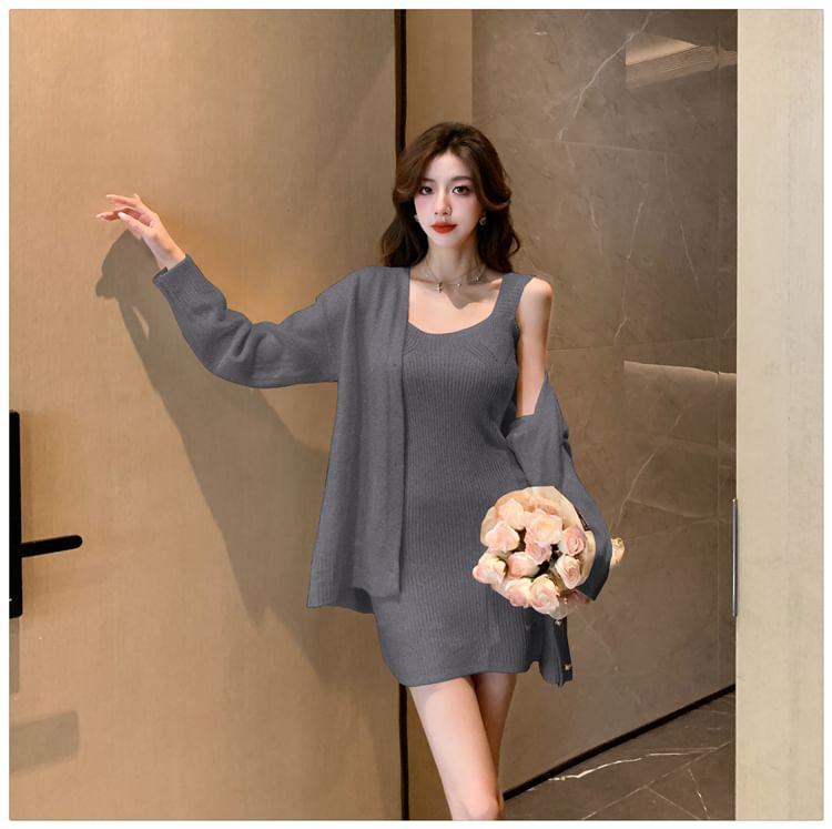 Set: Sleeveless Ribbed Mini Sheath Knit Dress + V-Neck Cardigan Product Image