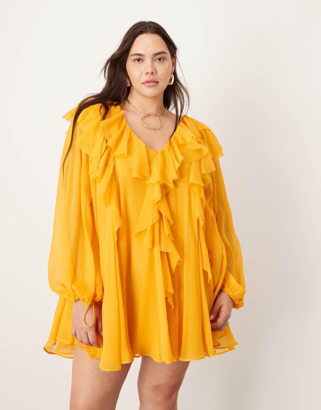 ASOS EDITION Curve chiffon raw edge ruffle mini dress in orange Product Image