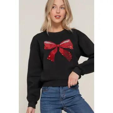 Black Long Sleeve Crew Neck Bow Sequin Detail Inner Fleece Sweatshirt Female Product Image