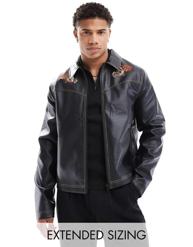 ASOS DESIGN faux leather harrington jacket with floral embroidery in black Product Image