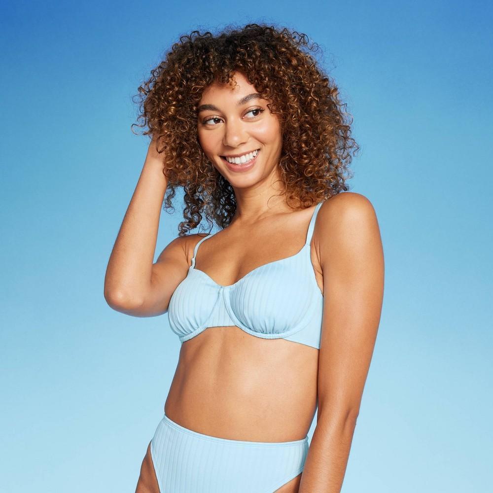 Womens Ribbed Underwire Bralette Bikini Top - Wild Fable Light Blue L Product Image