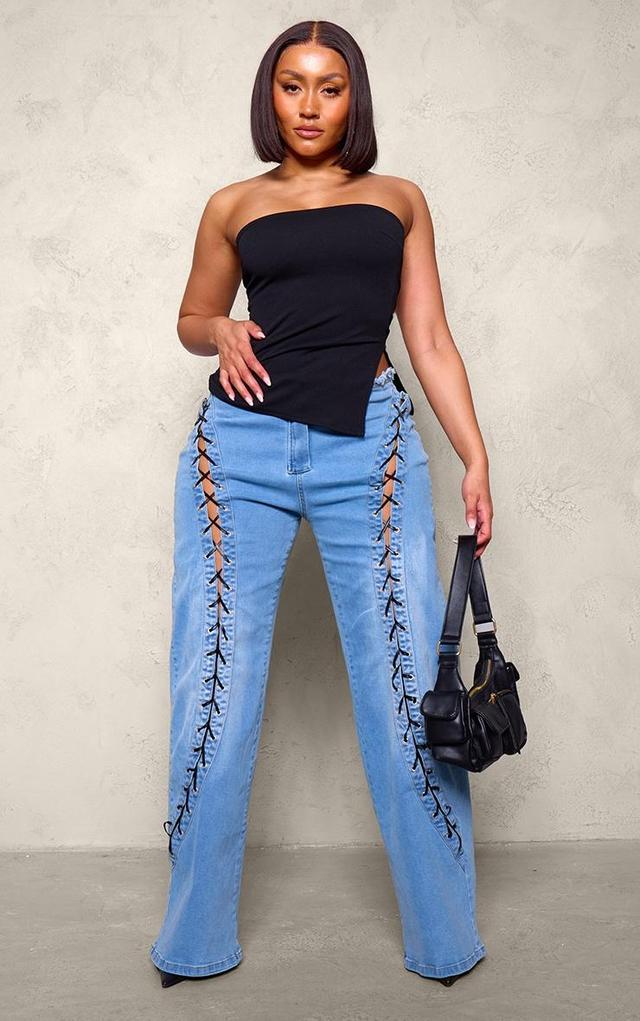 Shape Light Blue Denim Lace Up Front Raw Waist Wide Leg Jeans Product Image