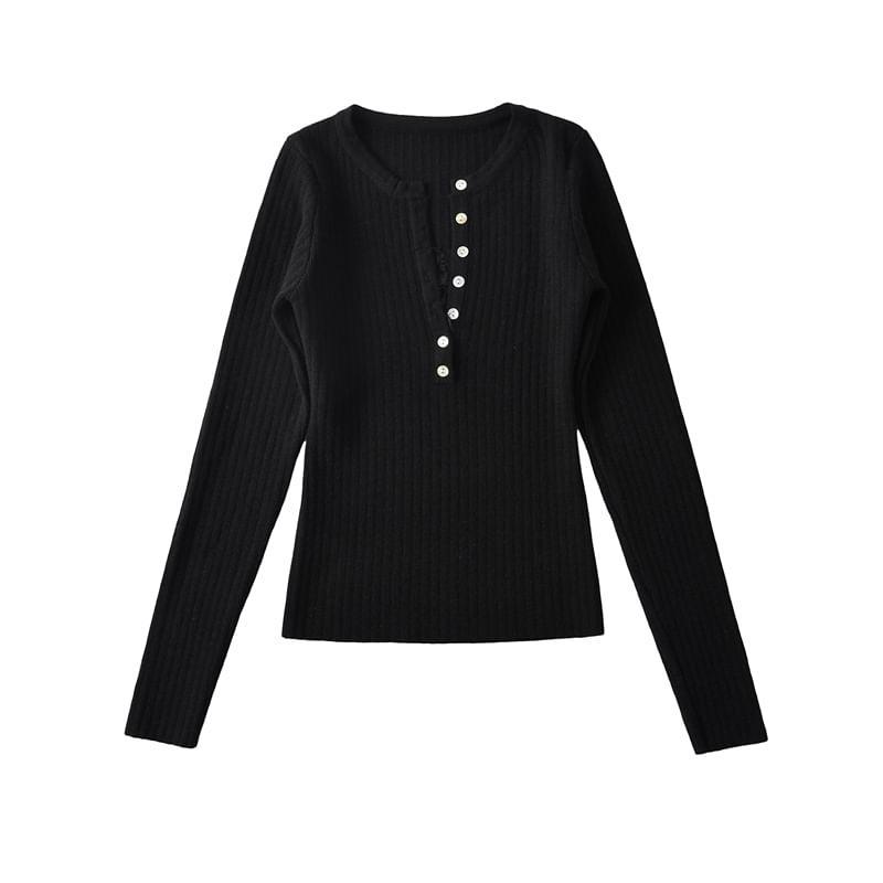 Long Sleeve Henley Neck Plain Ribbed Knit Crop Top Product Image