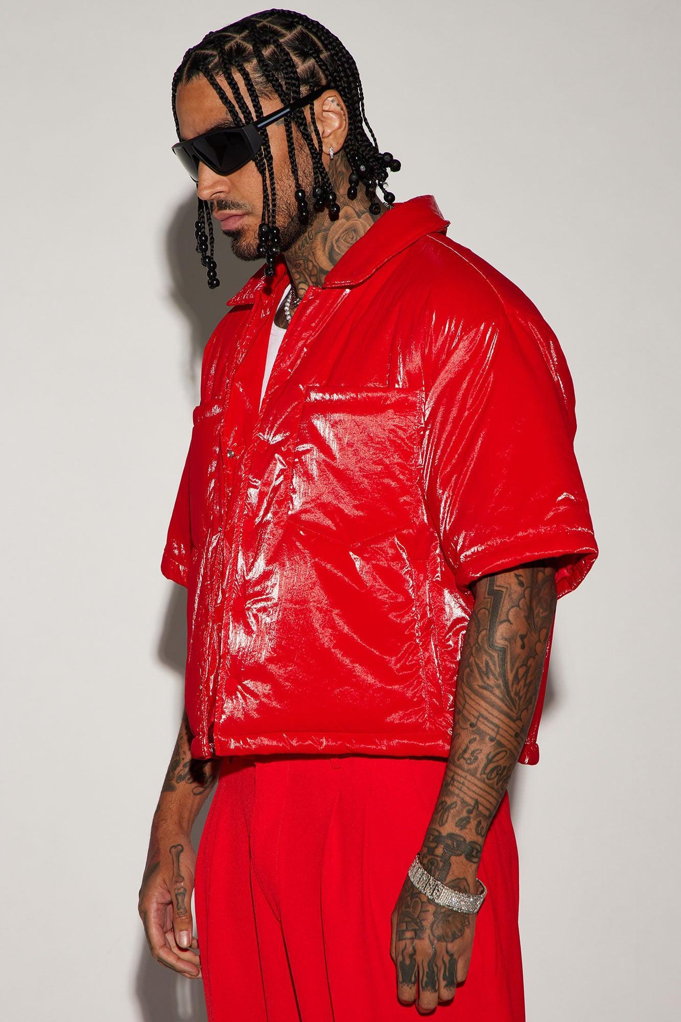 Aston Shine Nylon Puffer Cropped Shacket - Red Product Image