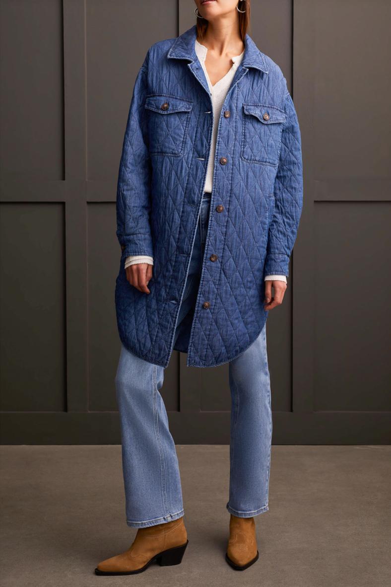 Button Front Long Quilted Jacket - Blue Chambray Product Image