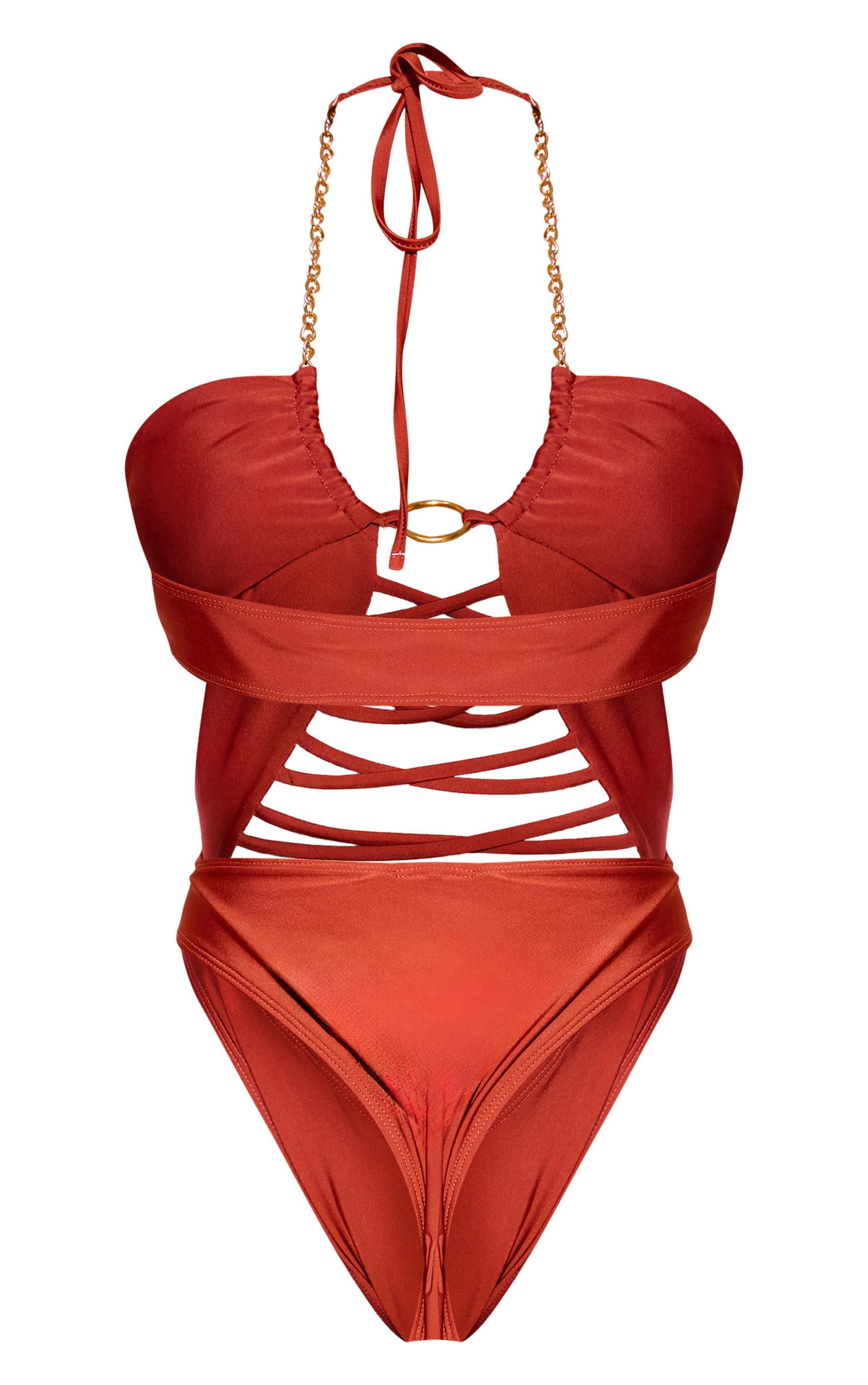 Rust Lace Up Chain Detail Cut Out Swimsuit Product Image