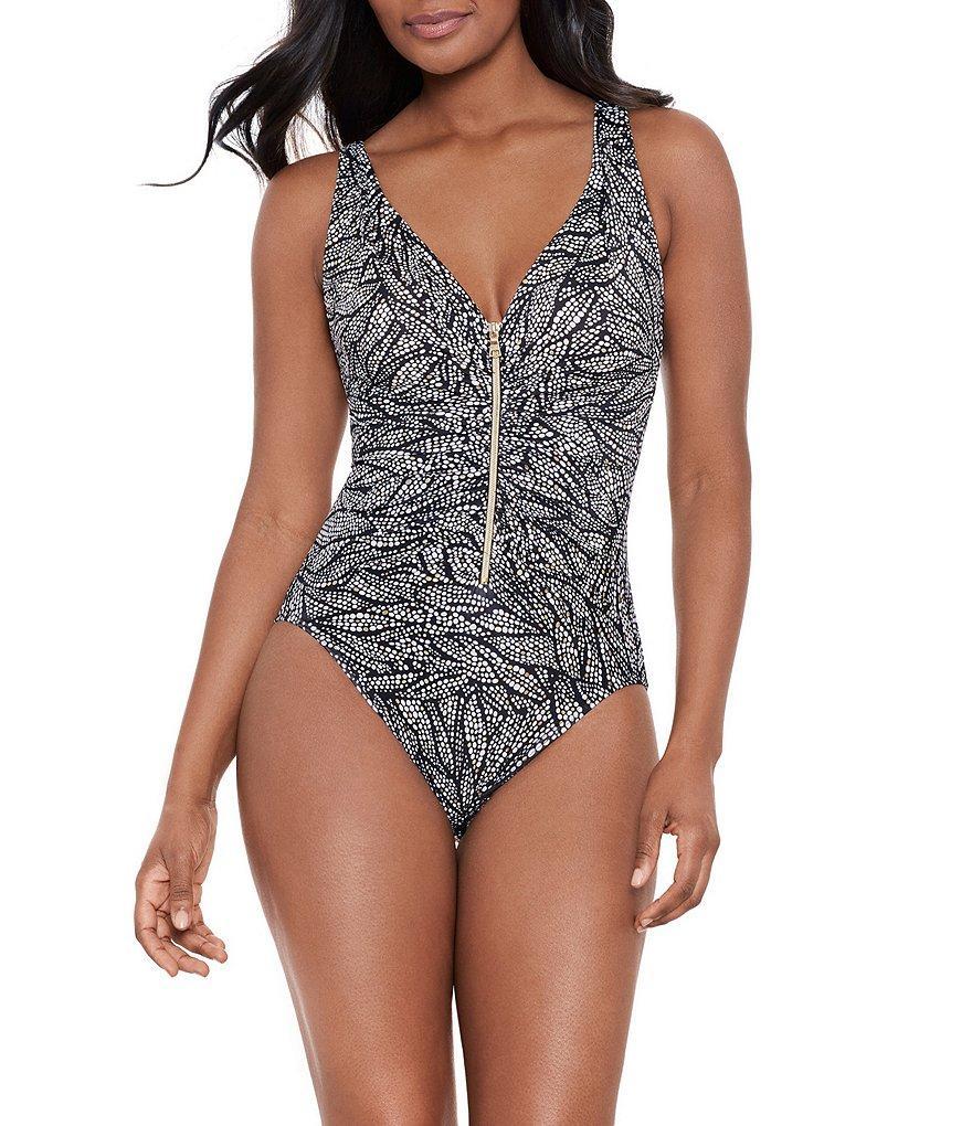 Miraclesuit Shore Leave Printed Plunge V-Neck Front Zip Shaping One Piece Swimsuit Product Image