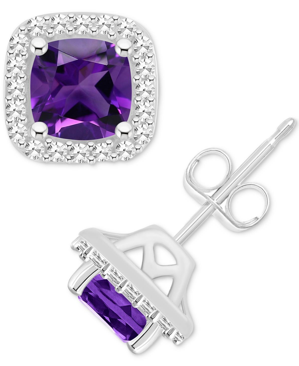 Amethyst (1 ct. t.w.) & Diamond (1/5 ct. t.w.) Cushion Halo Stud Earrings in Sterling Silver (Also in Citrine Peridot, & Blue Topaz) - Garnet Product Image